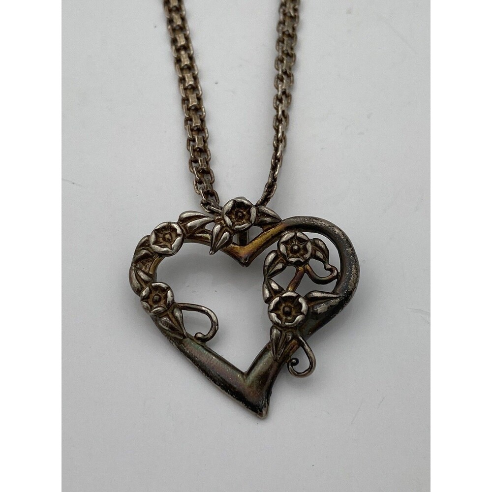 Vintage Italian Sterling Silver Necklace & Open Heart Flowers Pendant 24" 23 G